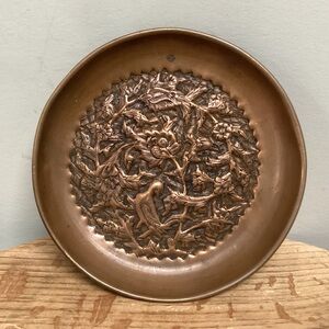 🟠 Vintage Copper Crafted - Bird & Floral Themed Dish - Tray - Wall Hang Ready